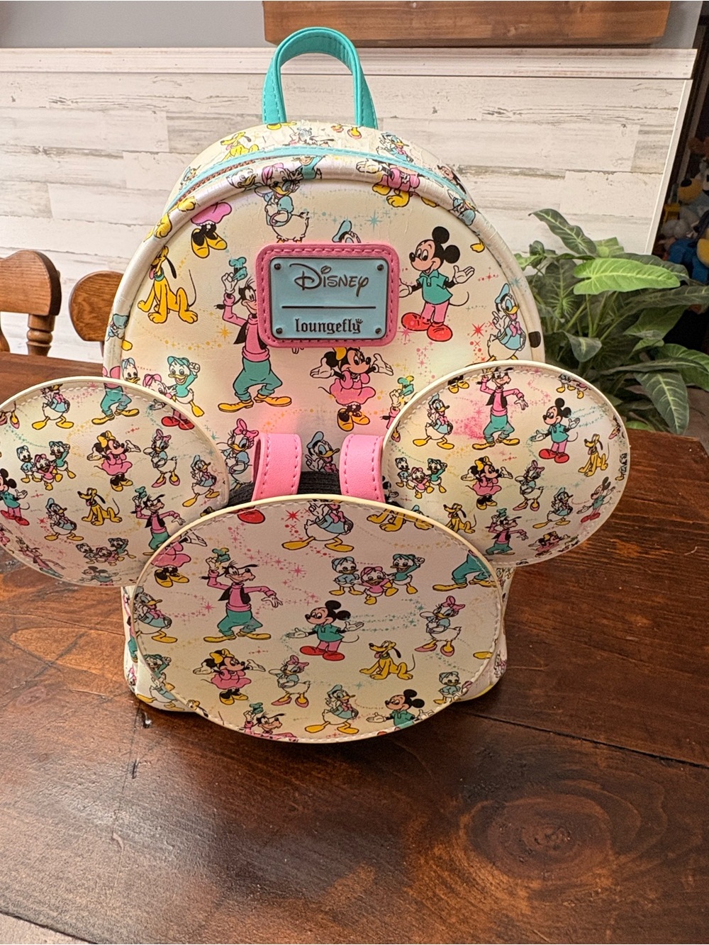 Loungefly Cream Mini Backpack with Pink Ears & Teal Handle